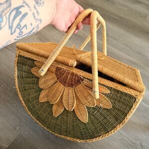 Vintage Picnic Sewing Basket Rattan Sunflower Wicker